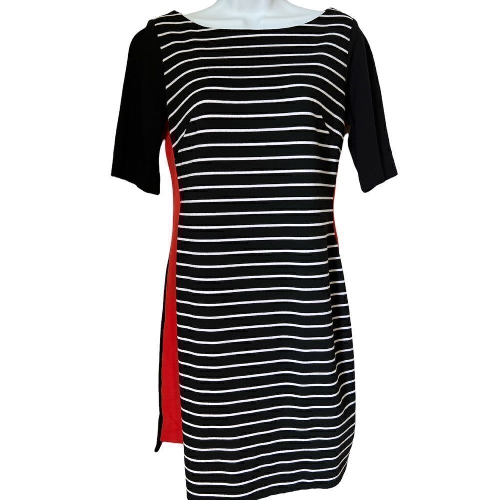 Eliza J Women’s Black White Stripes Shirt Sleeve  Spring Shift Dress 6